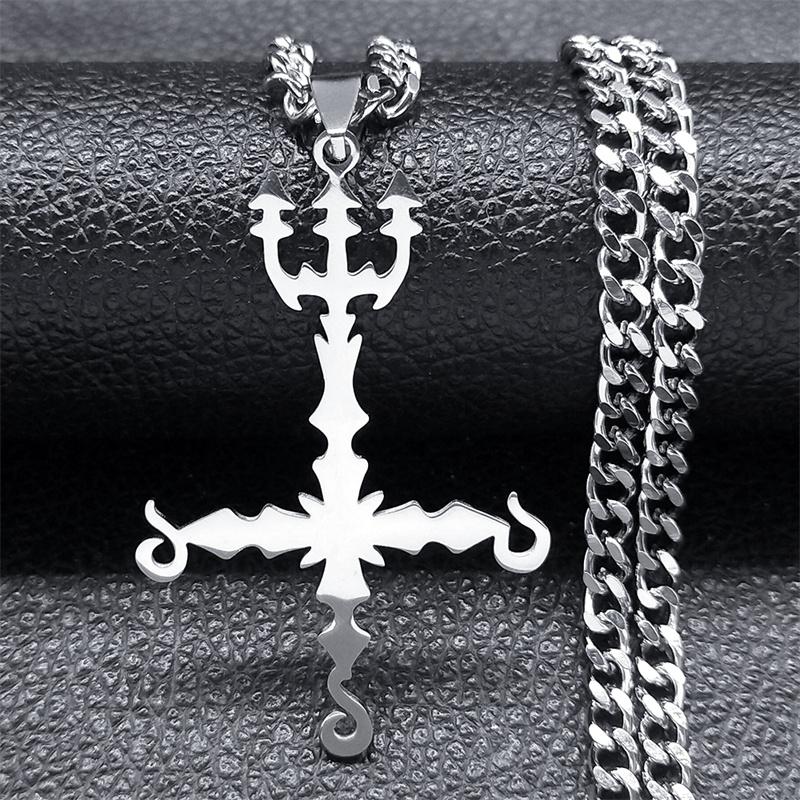 Colier Demonic cu Cruce Inversată Satanică și Trident pentru Femei Bărbați Oțel Inoxidabil Culoare Argintiu Coliere Statement Bijuterii