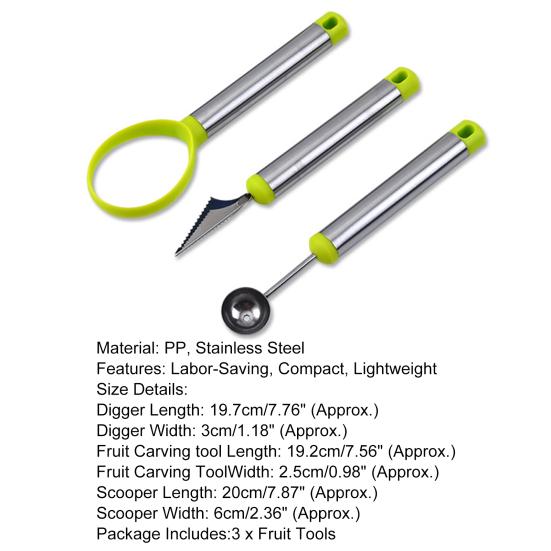 3Pcs/Set Fruit Carving Tools Portátil Confortável Pega Aço Inoxidável Multiuso Trabalho-economia Frutas Dig Polpa Separador