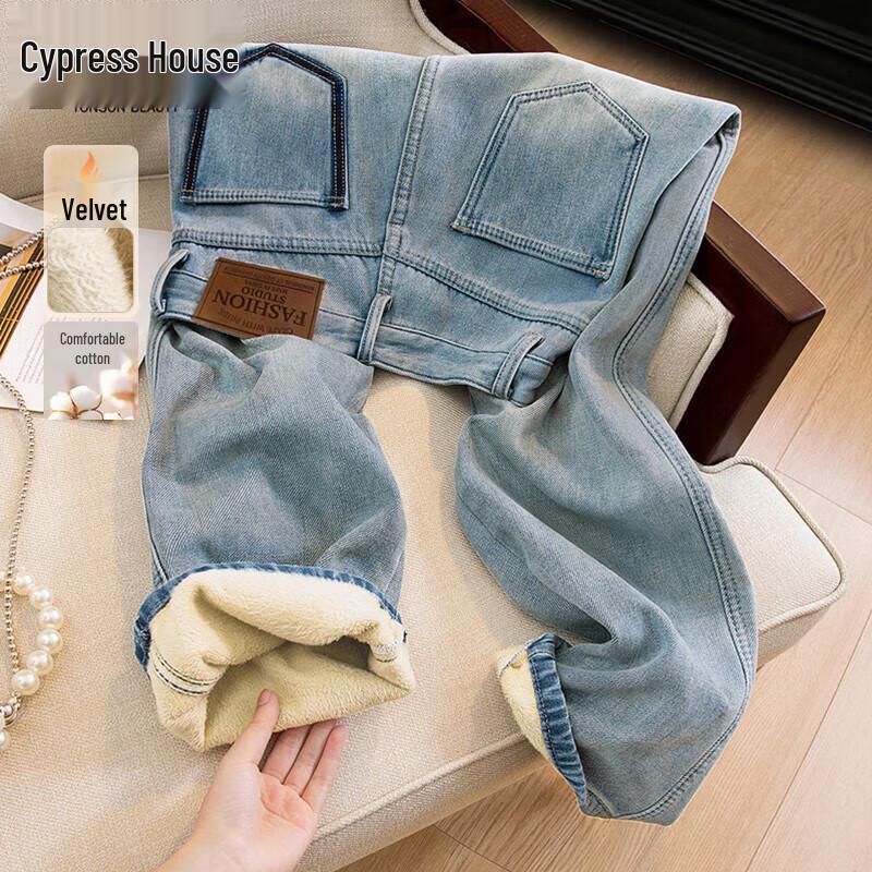 

SIBASHE Women s Fleece-Lined High-Waist Washed Straight-Leg Jeans M