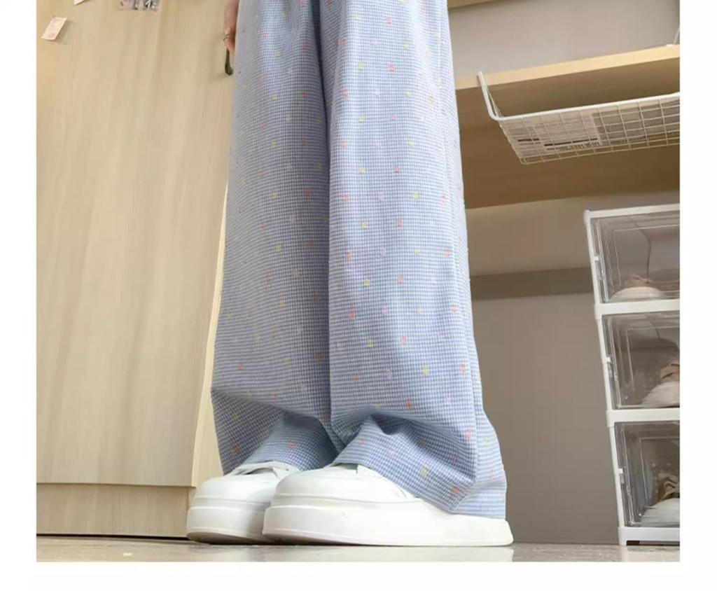 Women's High Waist Blue Polka Dot Straight Leg Pants - Summer Petite Ice Silk, 145-150cm, Wide Leg Design.