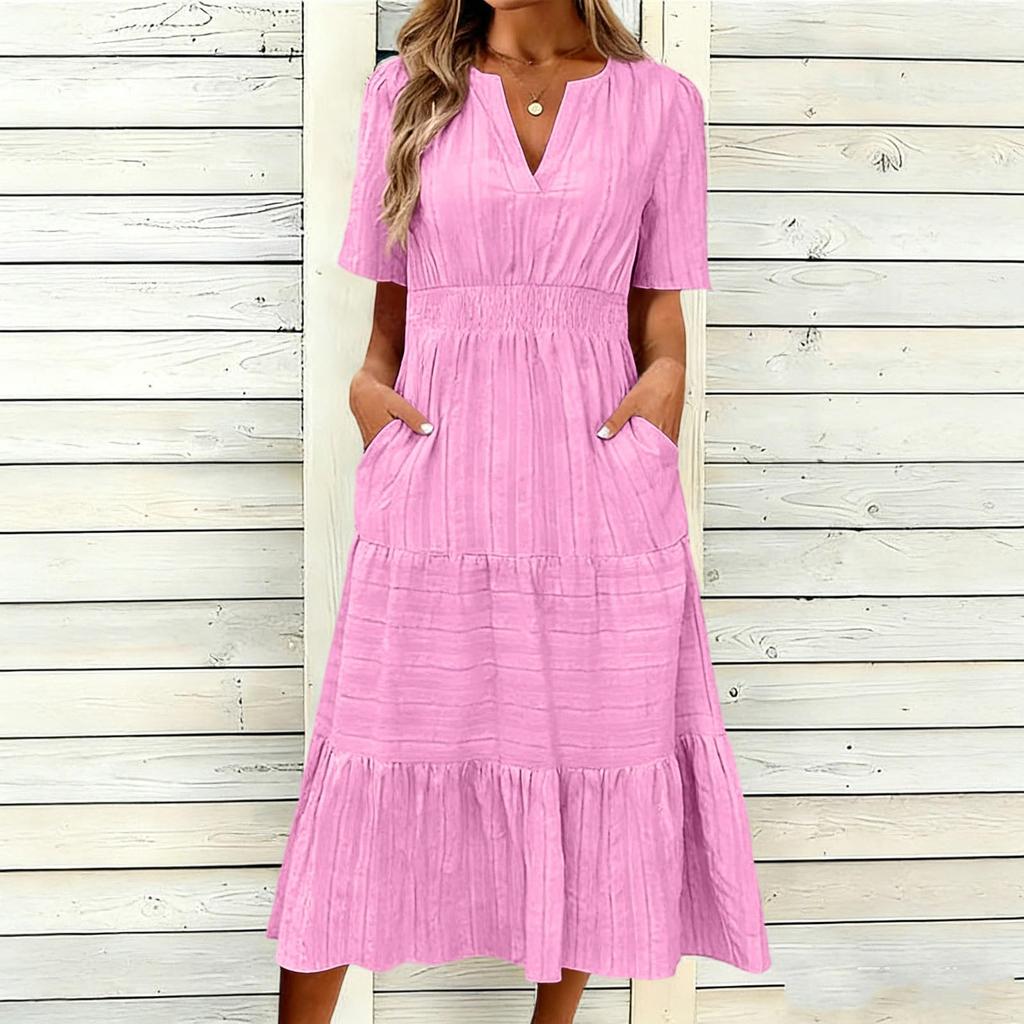 Women's Casual V Neck Dress with Gathered Puff Sleeves and Flared Hem Short Sleeve Midi Dress with Pockets