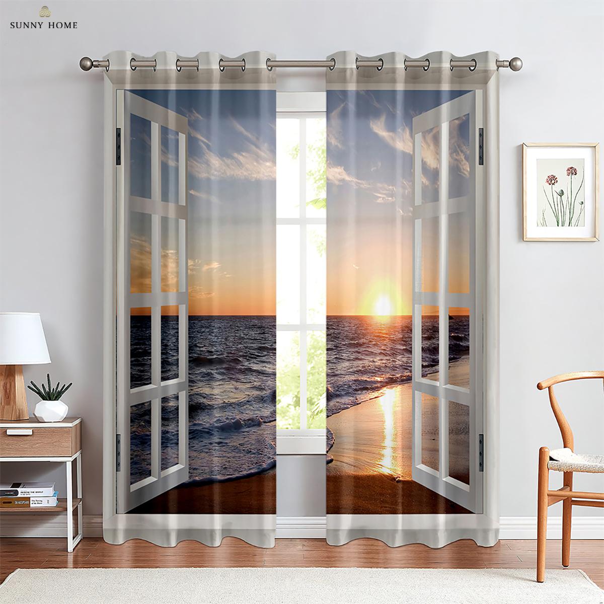 

Windowcurtainsscenery Seaside 3D Effect Curtain Rod Pocket Living Space Bedroom Space Kitchen Area Ornamentalcurtains W50xH140(CM)x2PCS&Grommet Top