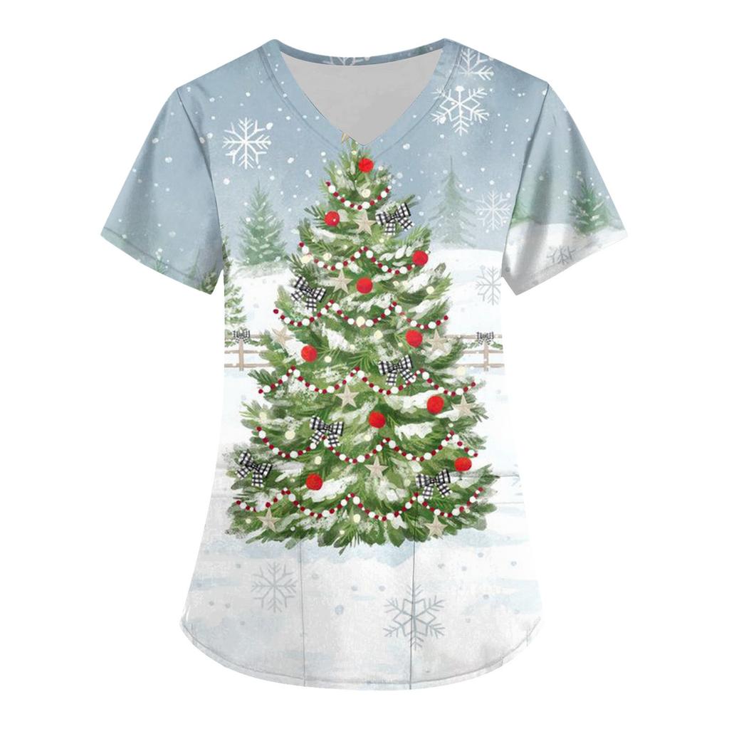 Plus Size Printed Scrub Working Uniform Tops For Women's V-Neck Christmas Print Short Sleeve Fun T-Shirts Workwear Tee With Pockets