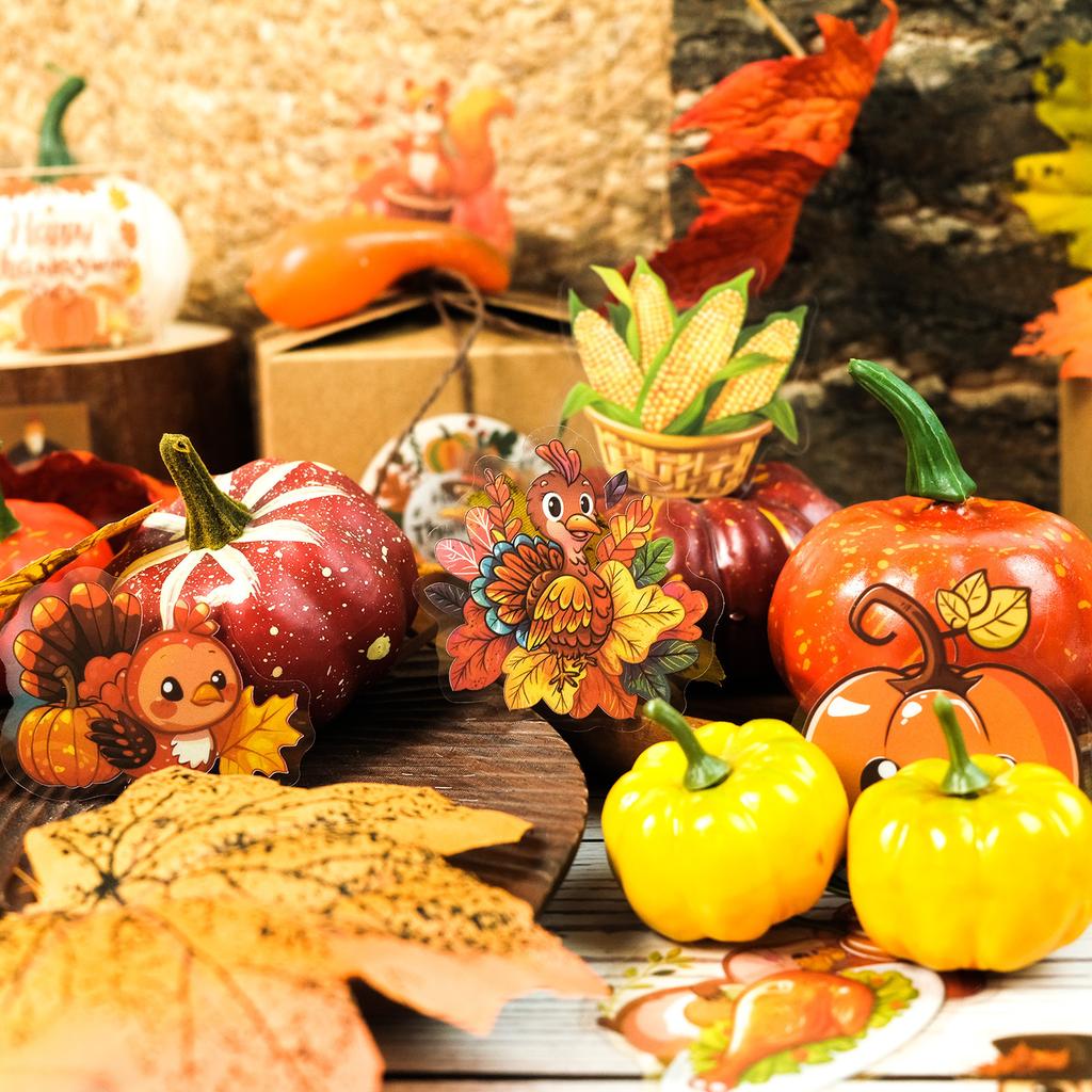 50 Thanksgiving PET Transparent Waterproof Cartoon Stickers Autumn Harvest Festival Celebration Pumpkin Turkey DIY Stickers