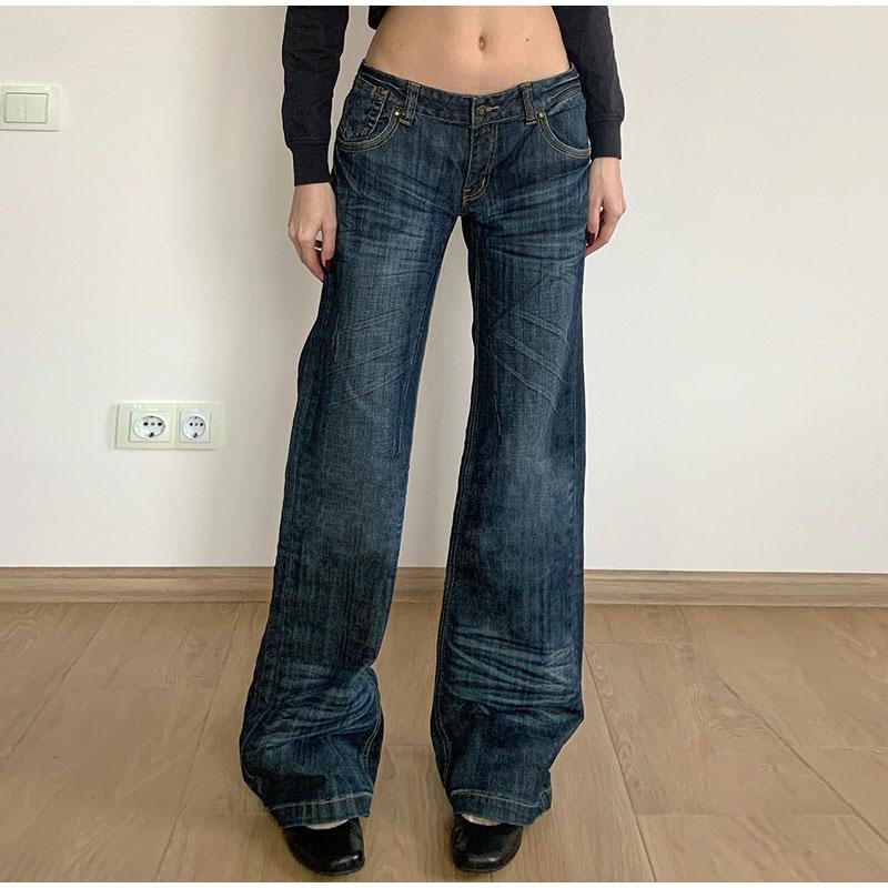 Patchwork Pockets Jeans Korean Fashion Low Rise Casual Straight Denim Pants Distressed Y2k Trousers for Women Basic Solid Color Jean
