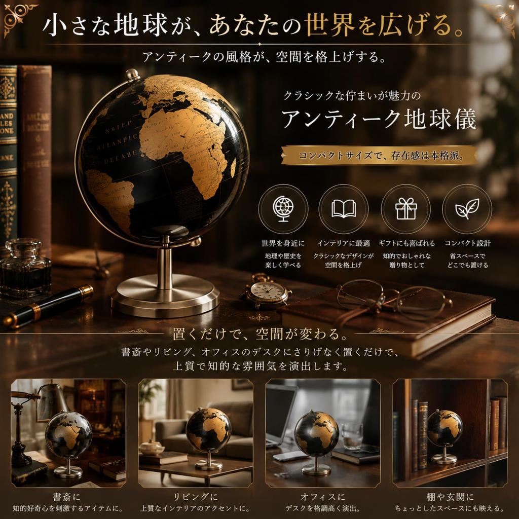 PLEGOOD Globe, Antique, Compact, Classic, Antique Black and Gold, Retro, Display, Interior Decor, World History, Geography, Desktop, Portable, Space-S