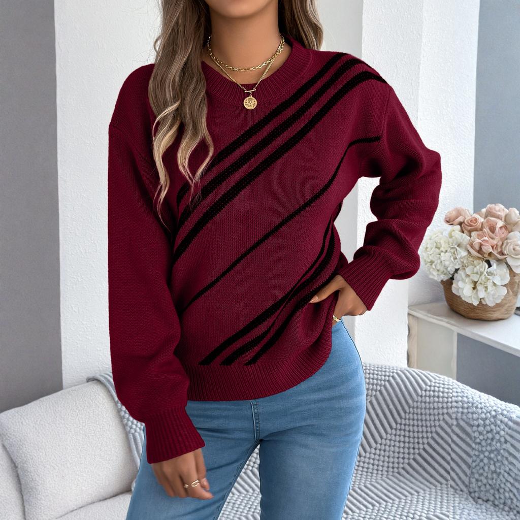 Women's Casual Striped Round Neck  Long Sleeve Pullover Sweater