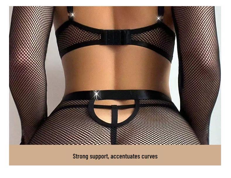 Black Mesh Halter Fishing Net Lingerie Set With Long Sleeves and Metal Ring Accents