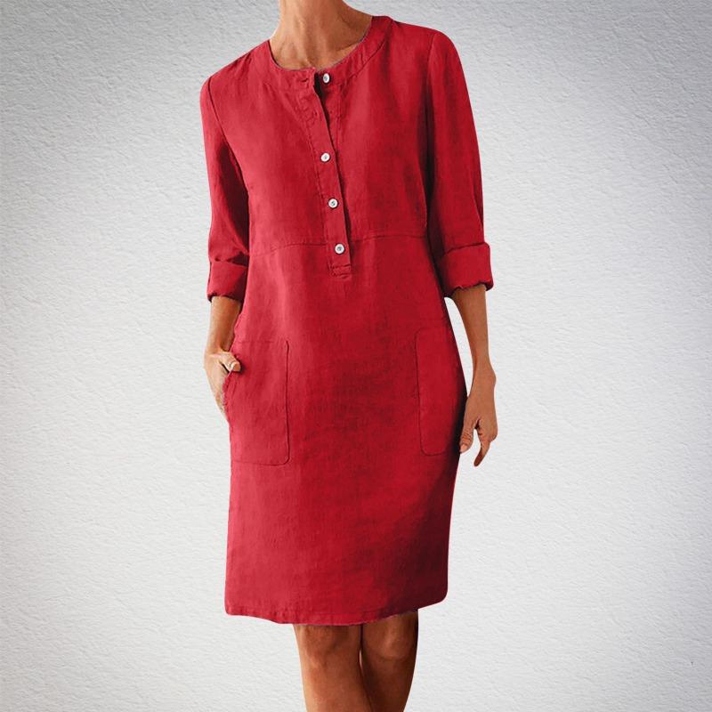 Large Size Women's Cotton and Linen Round Neck Long Sleeved Dress