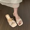 Medium heel temperament silver bow cool slippers women's outer wear with skirt fairy sandals
