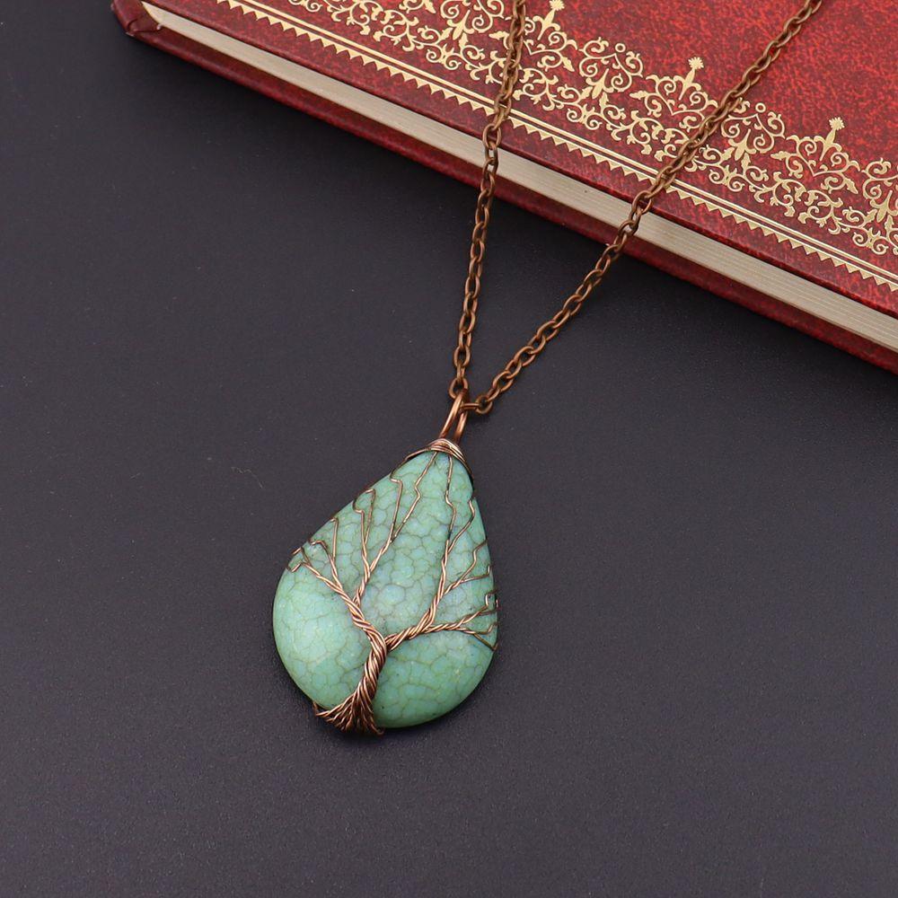 Vintage Handmade Copper Wire Winding Water Drop Tree Of Life Color-Changing Corrugated Resin Necklace Pendant Exquisite N516