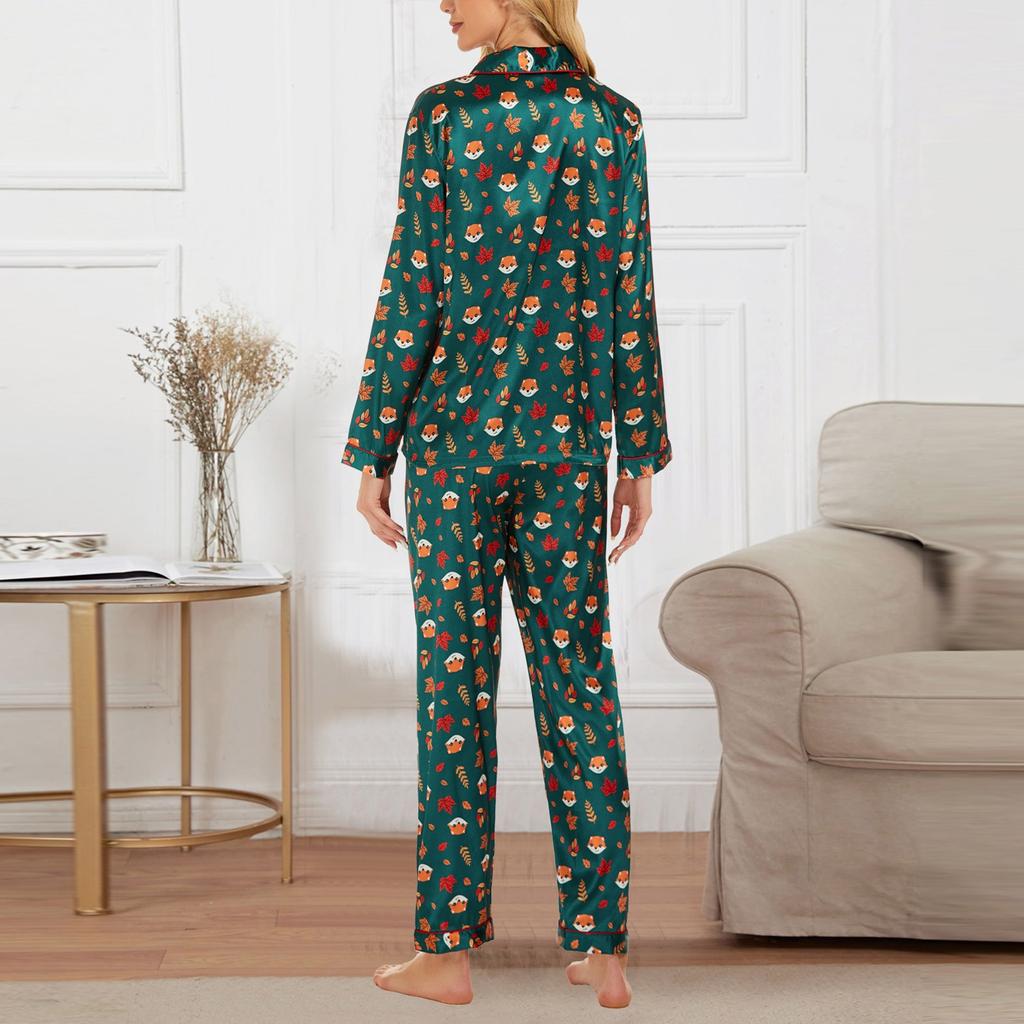 Women's Fall Casual Home Wear Suit Pajamas Satin Cardigan Long Sleeves