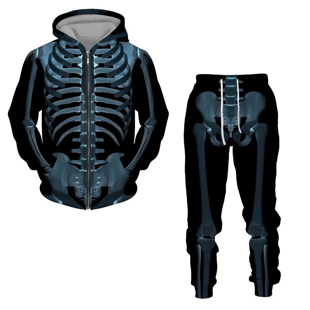 Halloweeen Cosplay Scheletro Splanchna 3D All Over Print Tute con cerniera Felpa con cappuccio da uomo Pantaloni 2 pezzi Set Abiti streetwear