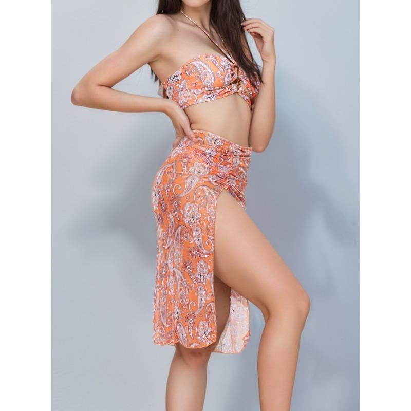 

New swimsuit sexy bikini mesh three-piece collection printed swimsuit women XL оранжевый
