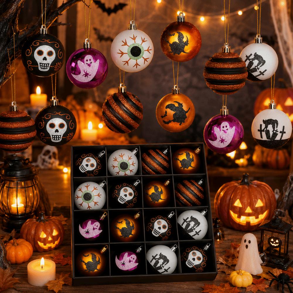 16Pcs/Set Plastic Halloween Hanging Ball Pendant Painted Tree Pendant Ornament Haunted House
