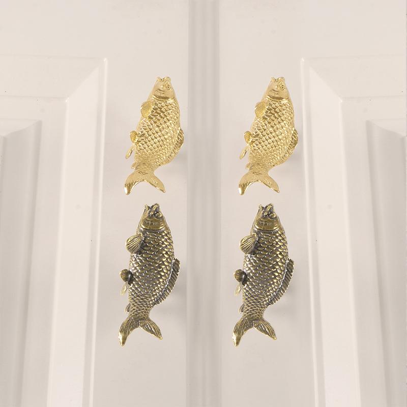 1pc Gold Color Carp Fish Brass Handle Retro Luxury Cabinet Door Knobs Single Hole Furniture Hardware Wardrobe Drawer Pulls