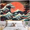 Japanese Wave and Mount Fuji Wall Tapestry Red Sun and Traditional Temple Design Boho Home Decor Art Print Room Decoration