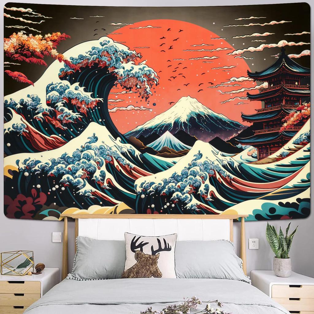 Japanese Wave and Mount Fuji Wall Tapestry Red Sun and Traditional Temple Design Boho Home Decor Art Print Room Decoration