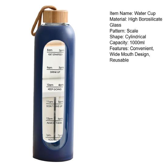 Glaswasserflasche 1 Liter Fassungsvermögen Trinkflasche mit Zeitmarkierung Silikonhülle Auslaufsicherer Ausgießerdeckel Weiter Mund Wasserbecher