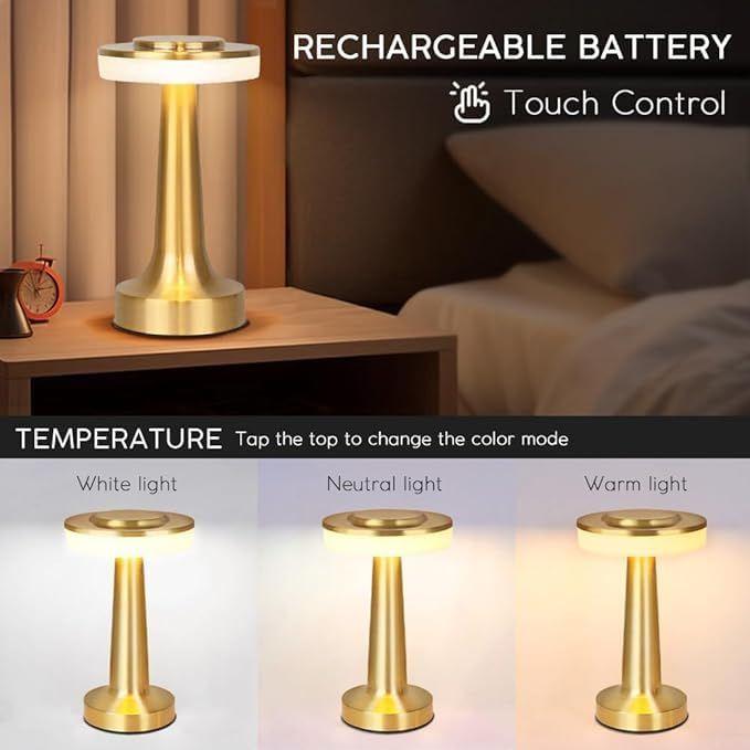 Metal LED Table Lamp, Retro Gold Touch Sensor Lamp, 2000 mAh Rechargeable Battery, 3-Level Dimmable Warm Light, Night Light for Kids