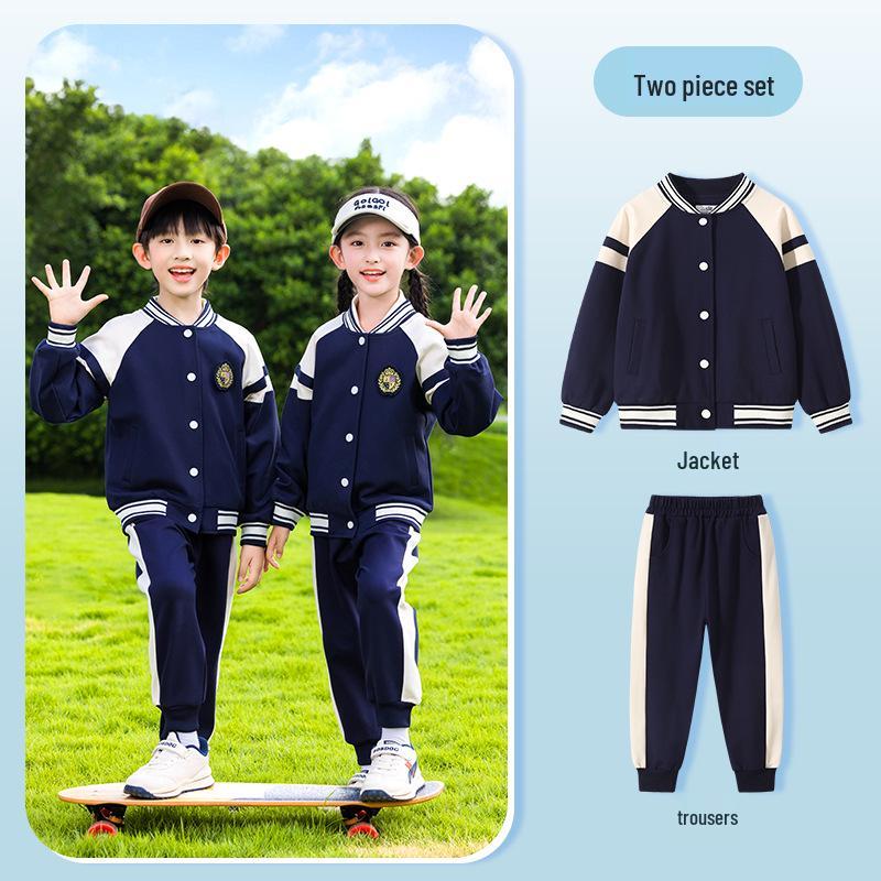 Spring-Autumn Academy-Style Navy Blue Kindergarten & Primary School Baseball Jacket Set