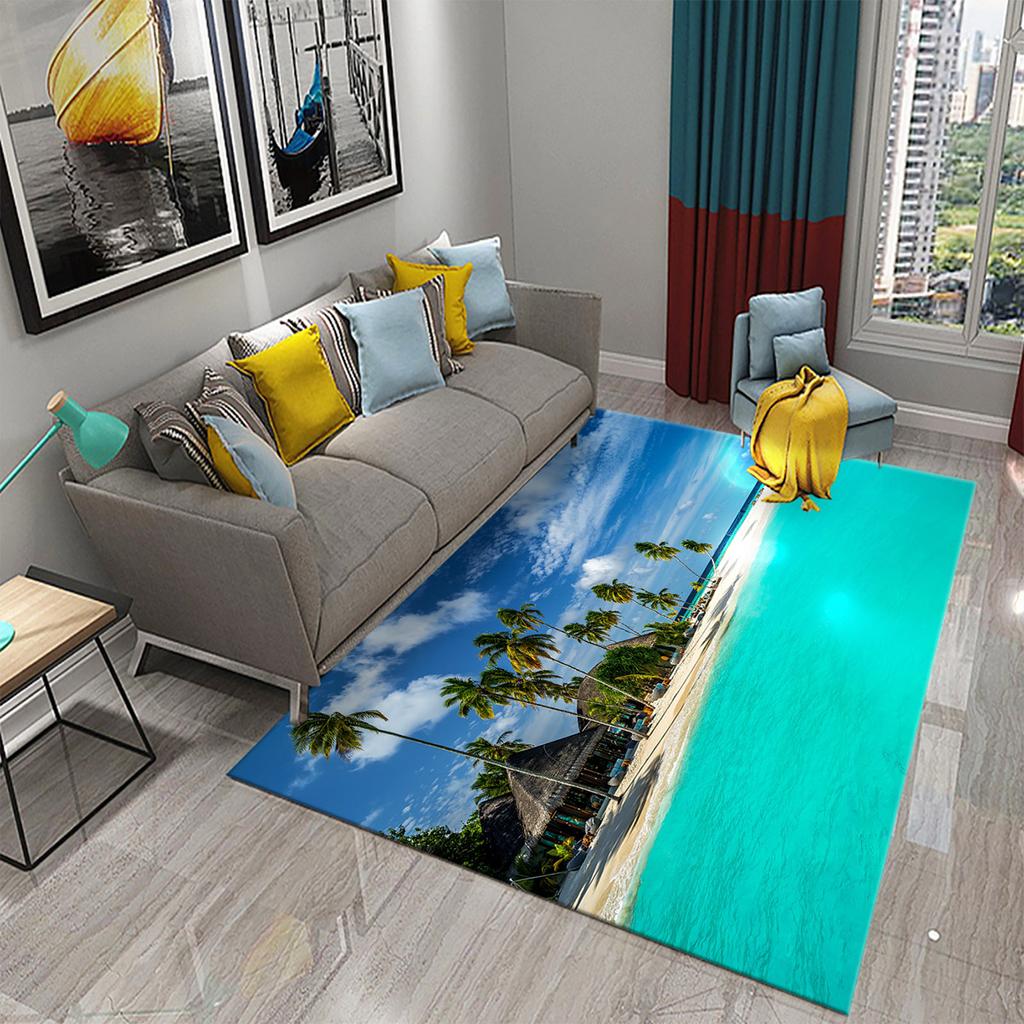 3D Tropical Island Ocean Beach Print Carpet for Kitchen Bathroom Living Room Bedroom Non-slip Absorbent Modern Home Decor Carpet