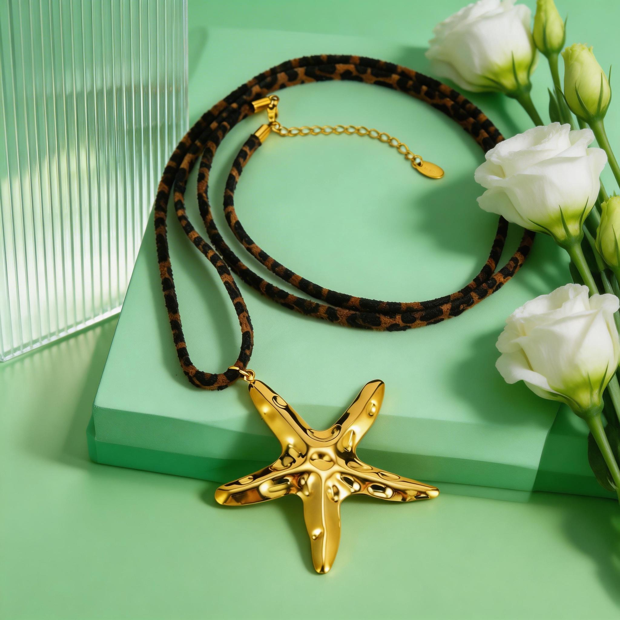 

Vintage Stainless Steel Starfish Pendant Leopard Print Long Necklace Rope Chain Necklaces for Women Trendy Jewelry Gift