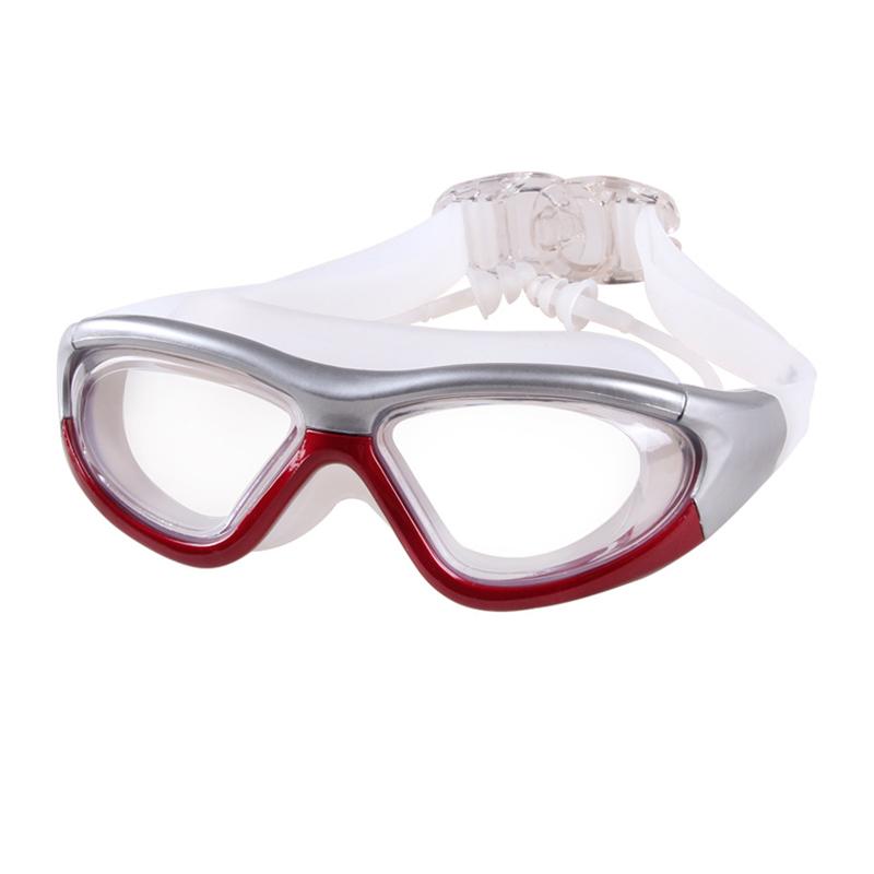 Schwimmbrille mit großem Rahmen und Ohrstöpseln, HD-transparente Gläser, beschlagfrei, Silikon, wasserdicht, Herren, Damen, Schwimmbrille, Erwachsene