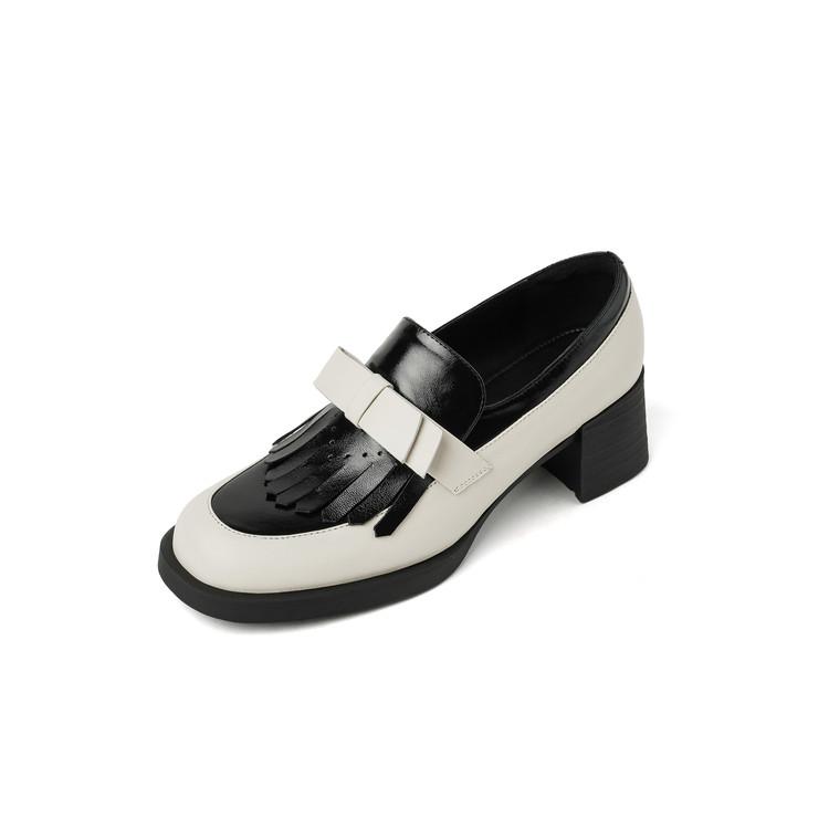 Fashion New Spring/summer Genuine Leather Women Pumps Shoes for Women Fashion Mixed Color Bow Round Toe Chunky Heels High Heels Loafers