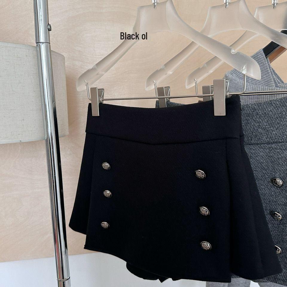 Petite High-Waisted Woolen A-Line Skort - Autumn & Winter Double-Breasted Style