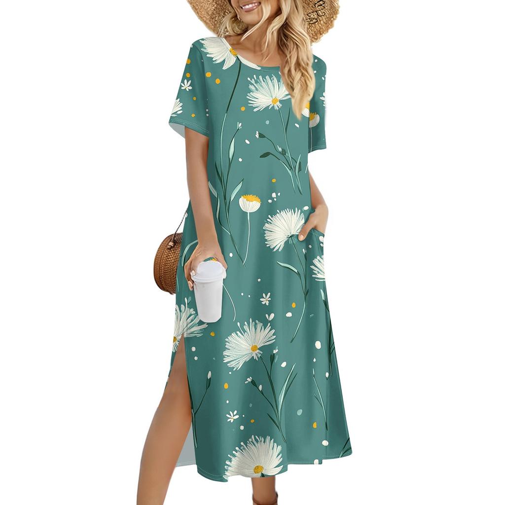 Ladies' Fashionable Summer Retro Floral Print Dress, Casual Beach Dress, Slender Vacation Dress