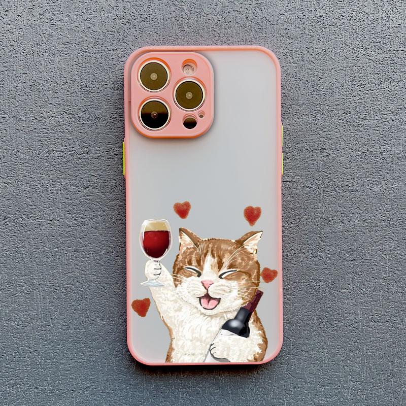 Cute Happy Cat Goblet Red Wine Phone Case For iPhone 15 14 13 Pro Max 16 13 12 11 Pro Max Mini 7 8 15 14 Plus X XS XR Back Cover
