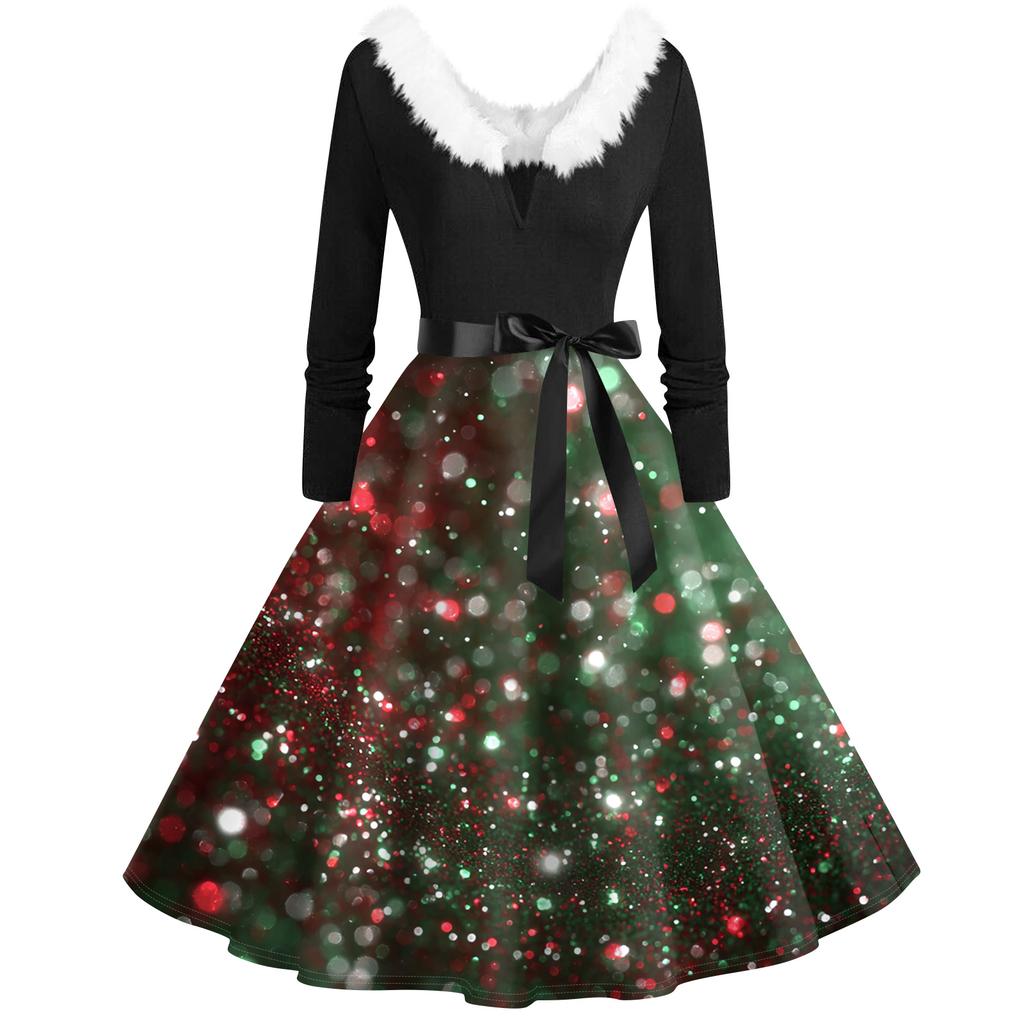 Women's Fashion V-Neck Casual Slim Christmas Printed Long Sleeve Hair Collar Dresses