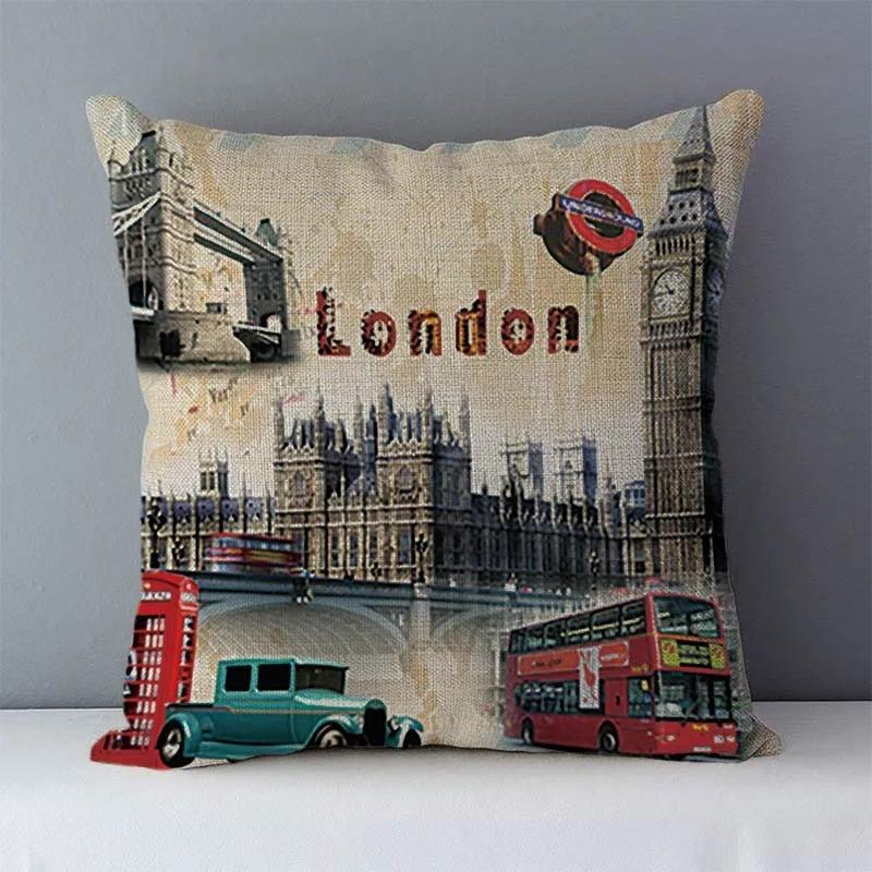 Retro cozy couch cushion cover home decorative pillows London  scenic printed square  pillowcase seat back cushions