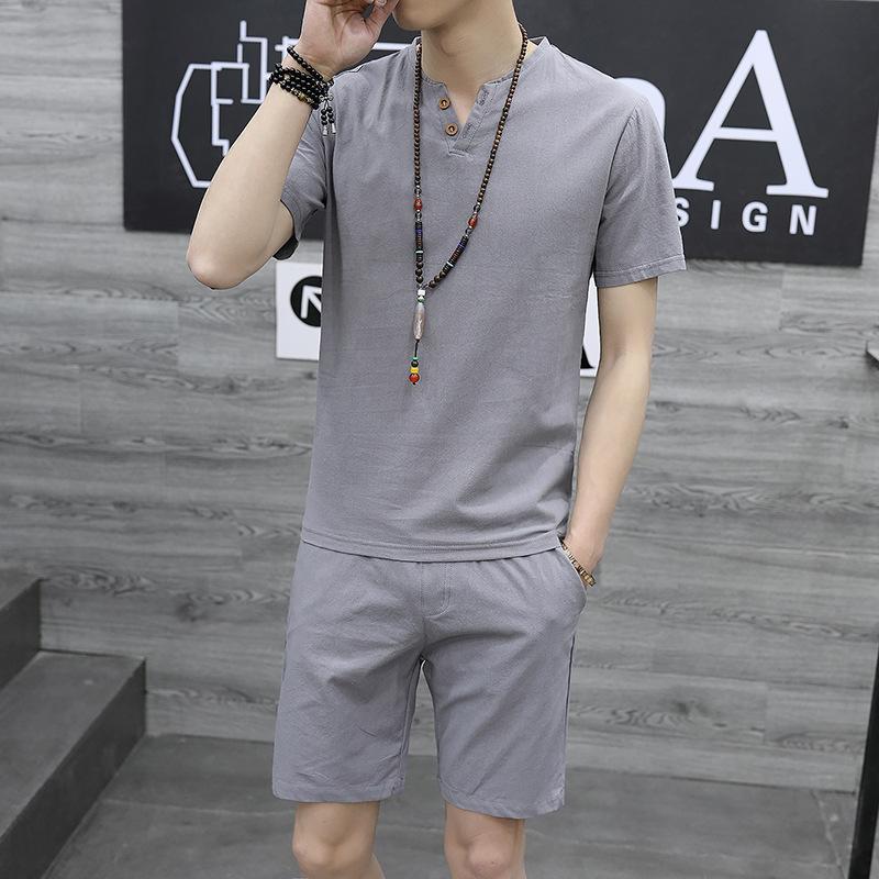 Costum din bumbac și in Tricou bărbătesc cu mânecă scurtă de vară mărime mare Cămașă cu decolteu în V de culoare solidă Costum cu mânecă scurtă mai mare
