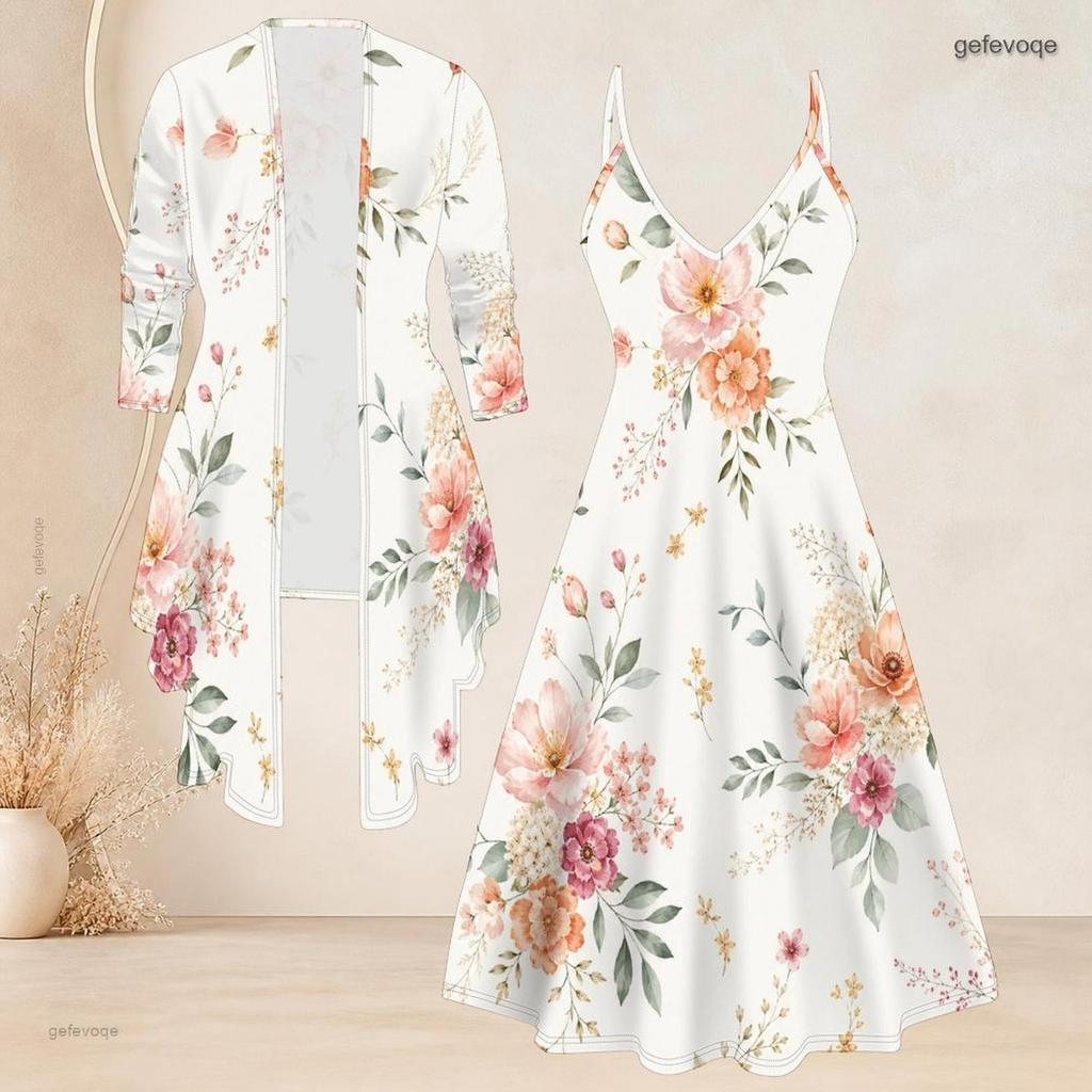 Women Plus Size Two Piece Matching Set Long Sleeve Cover Up Cami Maxi Dress
