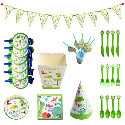 Cute Green Dinosaur Theme Flag Paper Cup Plate Hat Napkin Children'S Birthday Party Decoration Set