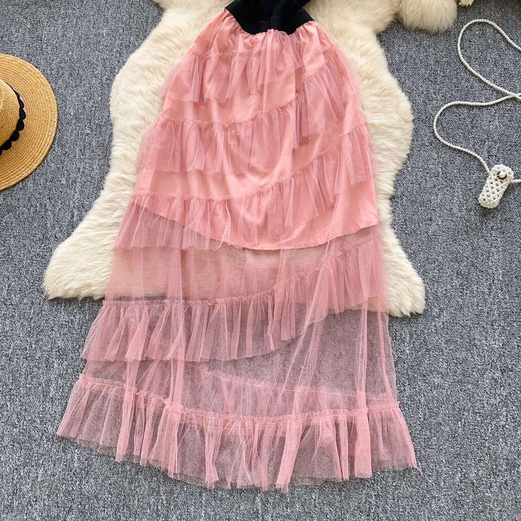 Suéter de punto elegante de verano para mujer, vestidos largos midi de tul con retazos de malla