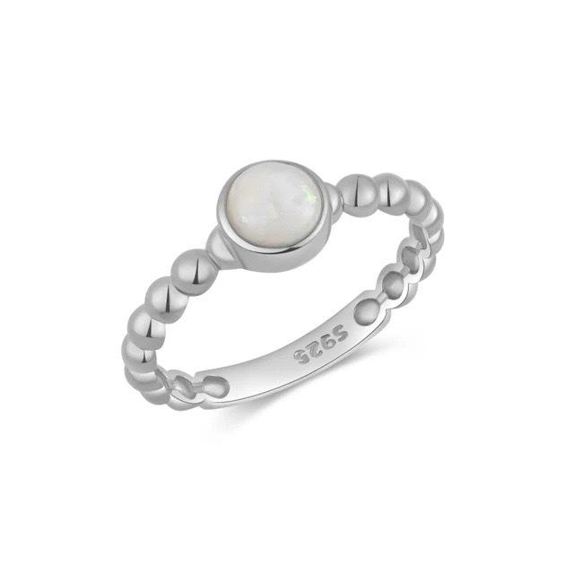 S925 Sterling Silver Opal Bead Ring - European & American Style Fashion Jewelry for Women