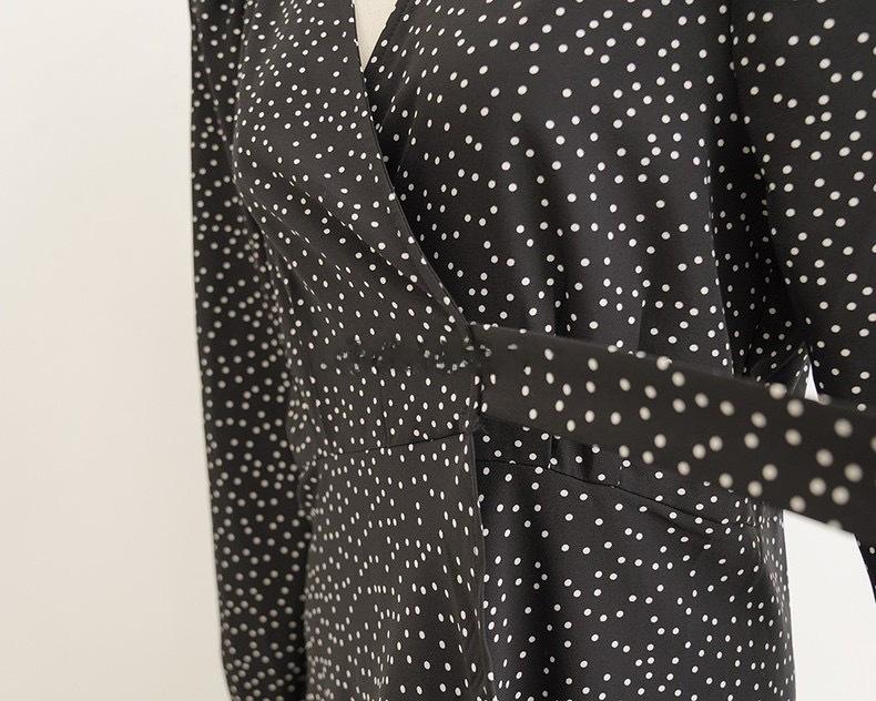 Women's Petite French Polka Dot V-Neck Long-Sleeve Belted Dress - Short Skirt for Spring & Autumn.