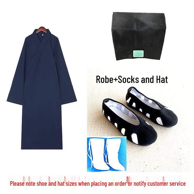 Taoist Long Robe with Slanted Placket, Three Purities Collar, Frog Buttons, Tai Chi Suit, Complete with Ten Direction Shoes and Zhuangzi Scarf