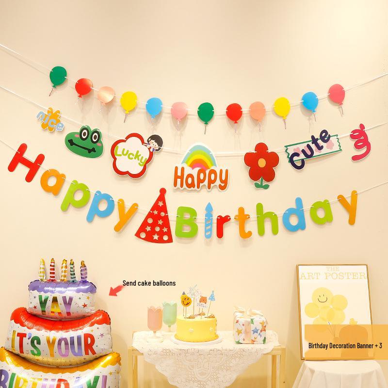 First Birthday Party Hanging Decoration: Happy Birthday Banner with Pom Poms and Bunting for Kids.