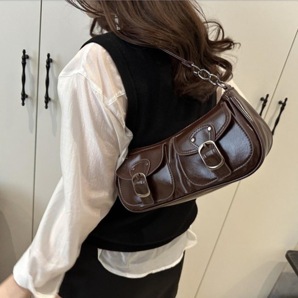 Vintage Pu Leather Shoulder Bag Y2k Zipper Handbag Fashion Women's Armpit Bag  Ladies