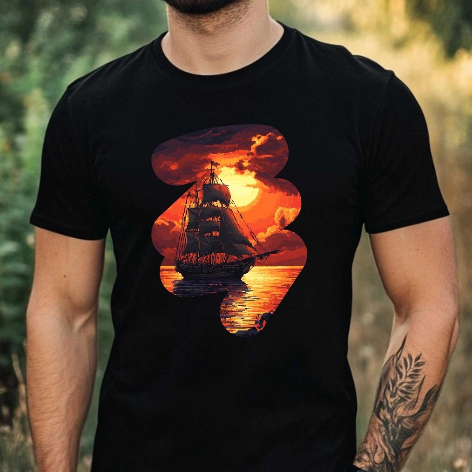 T-Shirt Herren Piratenschiff Pixel Art Motiv Baumwolle Größe XS bis 5XL XXXXL