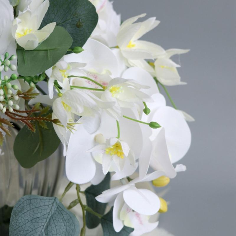 12“ Bouquet a Cascata Bouquet da Sposa per Sposa Rosa Bianca Orchidea Fiori Artificiali Bouquet da Sposa per Inverno Estate