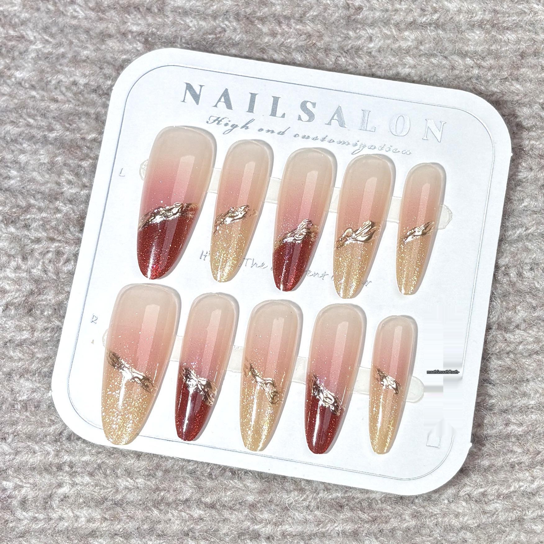 

Золотой Пламень Ручной Работы Носимые Ногти - Длинные Красные Шампань Блеск Румяна Нейл-арт.