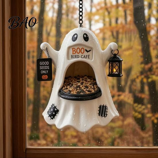 Weather Resistant Bird Feeder Halloween Ghost Feeder, Outdoor Hanging Big Mouth Wild Feeding Resin for Yard Station, Spooky Statue Outside Garden
