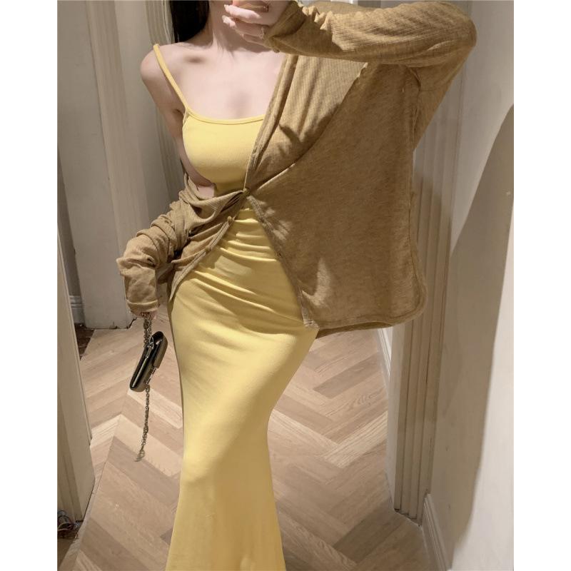 Sexy Spice Girl Temperament Waist Skinny Yellow Sleeveless Hip Wrap Suspender Dress Women's Summer Sunscreen Cardigan Two-piece Set