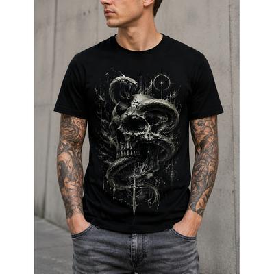 Men's Black Short Sleeve Crew Neck T-shirt with Gothic Skull and Snake Graphic Print, Soft Cotton Blend for Casual Streetwear or Concert Style