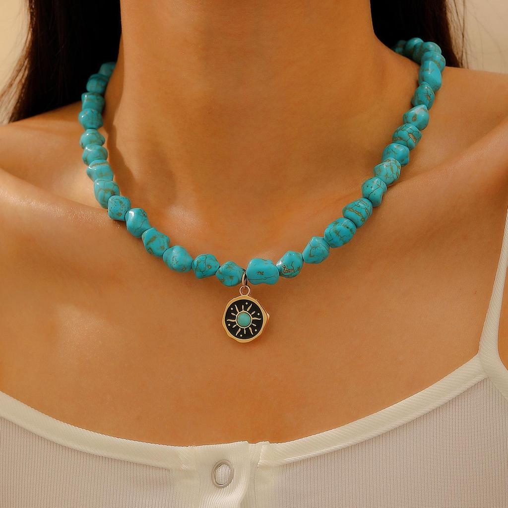 Bohemian Turquoise Demon Eye Choker Necklace with Irregular Beads for Women